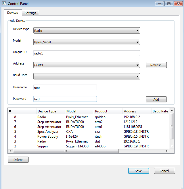 Control panel for configuring the device under test