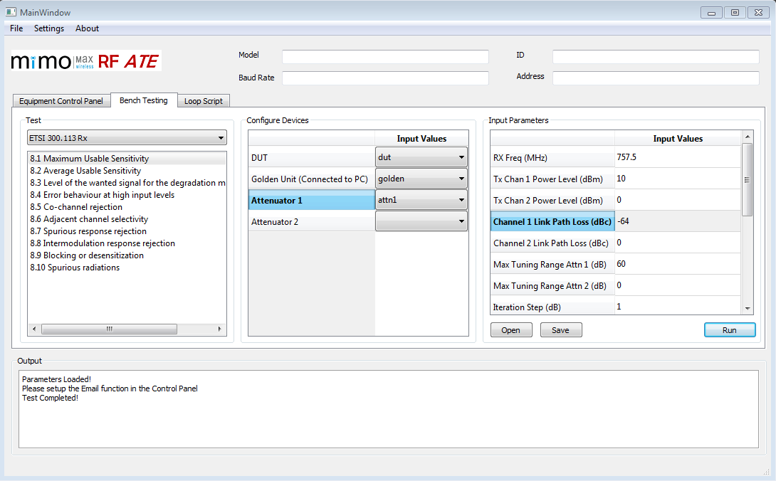 Automated testing software control panel for RF test equipment